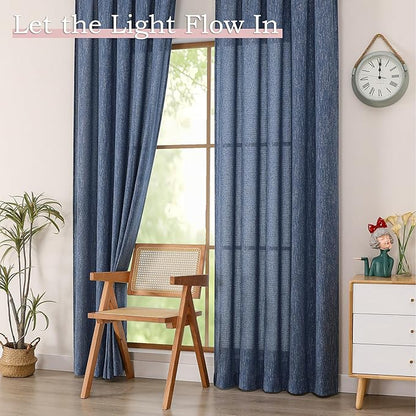 Simplebrand Navy Blue Semi Sheer Faux Linen Textured 120 Inches Long Curtains 2 Panels Set, Privacy Farmhouse Window Drapes for Living Room/Birthday Party/Hallway Window Guest Room, 50 x 120 Inch