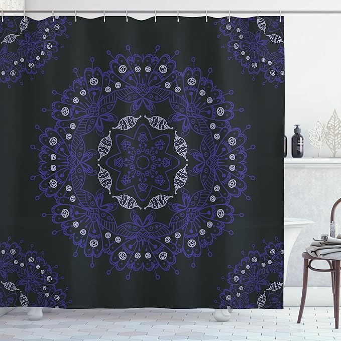 Ambesonne Dark Blue Shower Curtain, Oriental Round Ornate Mandala Lace Style by Ambesonne