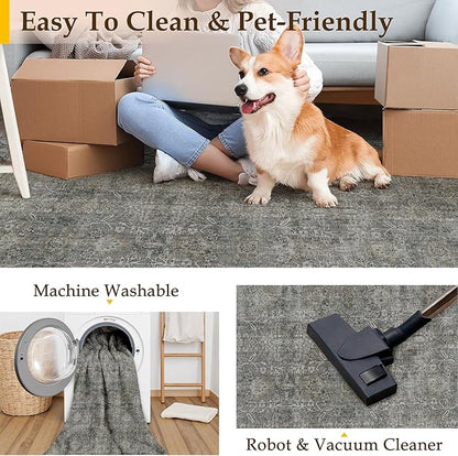 Vintage Area Rug 5x7 Grey Brown Washable Living Room Large Carpet Non Slip Bedroom Indoor Office Low Pile Traditional Distressed Retro Accent Rug for Dining Room Bathroom Kitchen