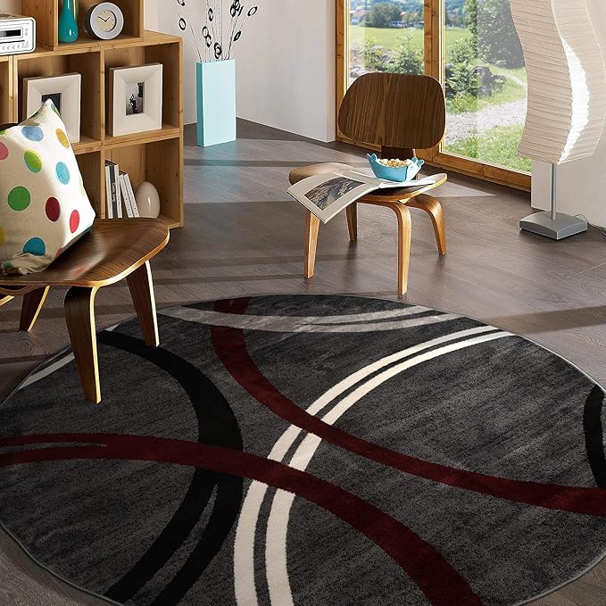 Rugshop Modern Wavy Circles Design Non-Shedding Round Rug, Carpet for Dining Room or Living Room, Red, 8' Round