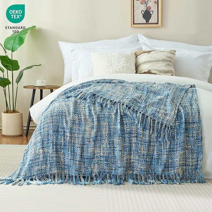 Multi-Color Light Blue Cable Knitted Throw Blanket for Couch,60"X80" Boho Style Textured Blankets for Home Decor,Super Soft Warm Cozy Chunky Knit Blanket with Decorative Tassels for Bed
