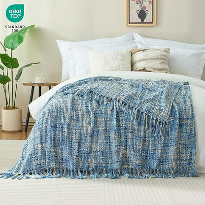 Multi-Color Light Blue Cable Knitted Throw Blanket for Couch,60"X80" Boho Style Textured Blankets for Home Decor,Super Soft Warm Cozy Chunky Knit Blanket with Decorative Tassels for Bed