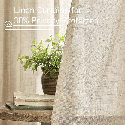 LAMIT 40 inch Small Window Linen Curtains 2 Panels, Semi Sheer Light Filtering Panels Back Tab and Rod Pocket Neutral Drapes for Basement/Loft Room/Cafe, 34 x 40 Inch