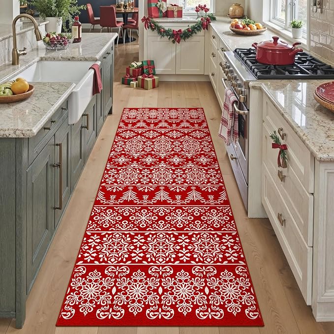 2x8 Runner Rug Red Snowflake Washable Hallway Carpet Xmas Holiday Decor Bedroom by PureCozy