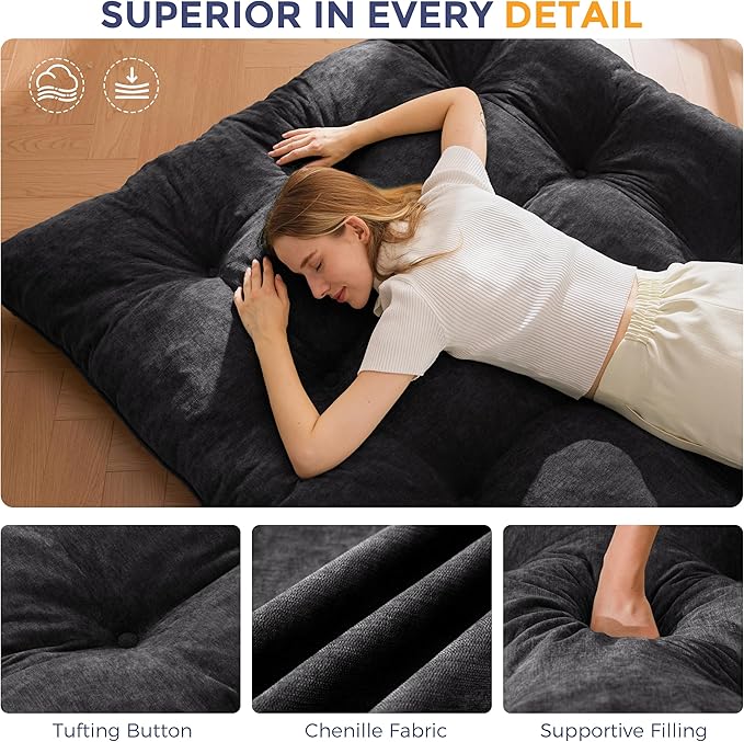 MAXYOYO Japanese Floor Mattress Queen Size, 6" Foldable Futon Mattress Tufted Roll Up Floor Bed, Thick Chenille Tatami Mat Sleeping Pad for Camping Guest Room Dormitory Bedroom RV, Black