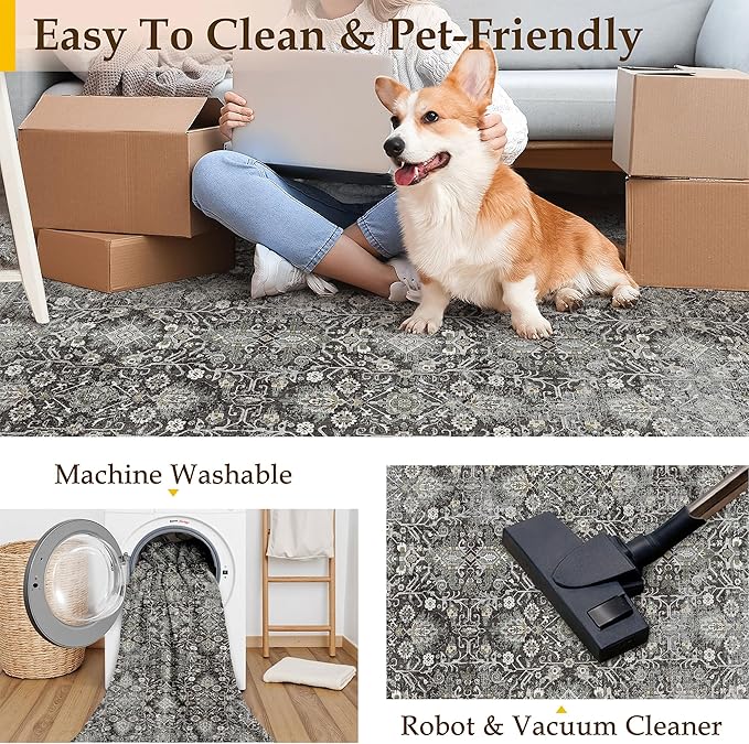 Black Runner Rug 3x8 Vintage Area Carpet Hallway Long Indoor Kitchen Washable Living Room Low Pile Traditional Distressed Retro Accent Throw Rug Non Slip Laundry Bathroom Office Dining Room