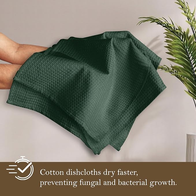 Olive Green Waffle Dishcloths, 100% Cotton, Quick Drying, Machine Washable - Image 3