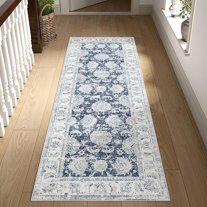 jinchan Fiora Runner Rug 2x6 Washable Hallway Runner - Vintage Floral Non Slip Low-Pile Soft Thin Kitchen Rug Distressed Carpet for Farmhouse Bedroom Entryway Laundry Room(2x6ft, Dark Blue)