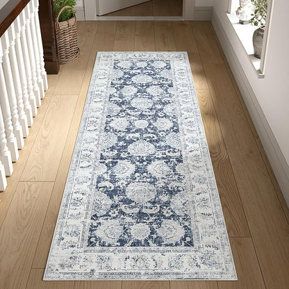 jinchan Fiora Runner Rug 2x6 Washable Hallway Runner - Vintage Floral Non Slip Low-Pile Soft Thin Kitchen Rug Distressed Carpet for Farmhouse Bedroom Entryway Laundry Room(2x6ft, Dark Blue)