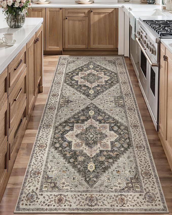 Tangsoo 2x6 Washable Runner Rug for Hallways, Non Slip Vintage Runner, Soft Low Pile Long Rug Runner, Print Distressed Grey Carpet Runners for Kitchen Bedroom Entryway Bathroom Living Room