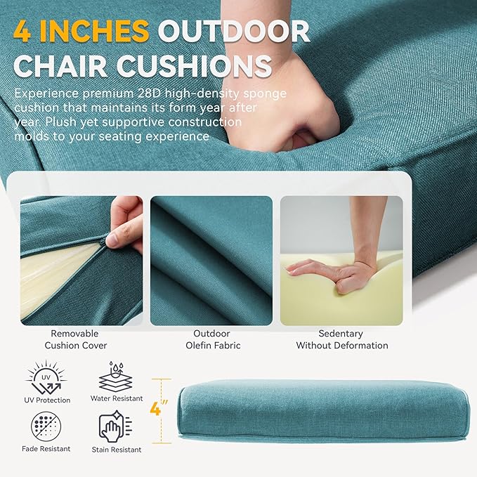 Outdoor Chair Cushions - 22" x 25" x 4" Patio Furniture Cushions with Water Resistant & Removable Cover, 28D High Density Sponge Patio Cushion for Outdoor Furniture Couch Rocker Chair, Peacock Green