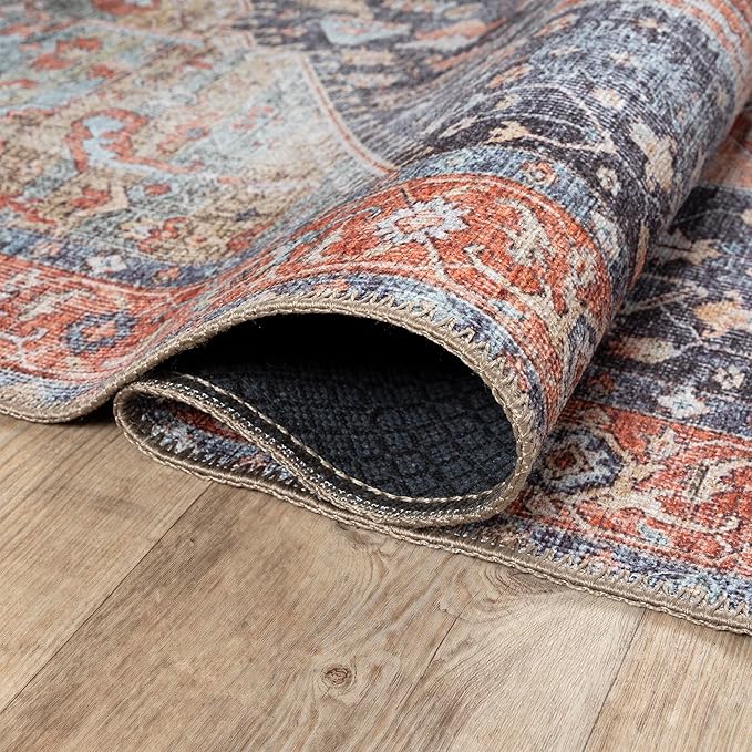 Bloom Rugs Washable Non-Slip 9' x 12' Rug - Terracotta/Blue Traditional Medallion Area Rug for Living Room, Bedroom, Dining Room, and Kitchen - Exact Size: 9' x 12'