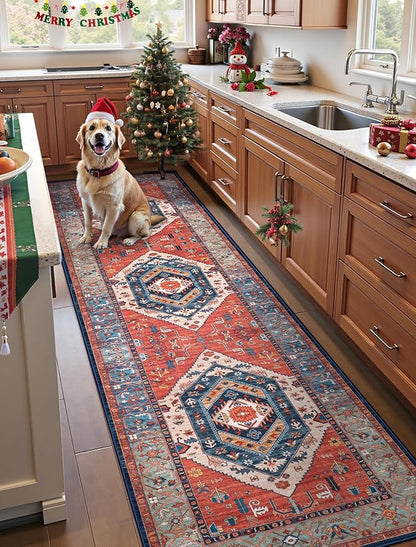 SERISSA Runner Rug for Hallways, 2'6"x10' Washable Non Slip Kitchen Runner Rug, Long Boho Rug Vintage Rust Hallway Stair Ultra Soft Print Floor Carpet for Bedroom Bathroom Laundry Room