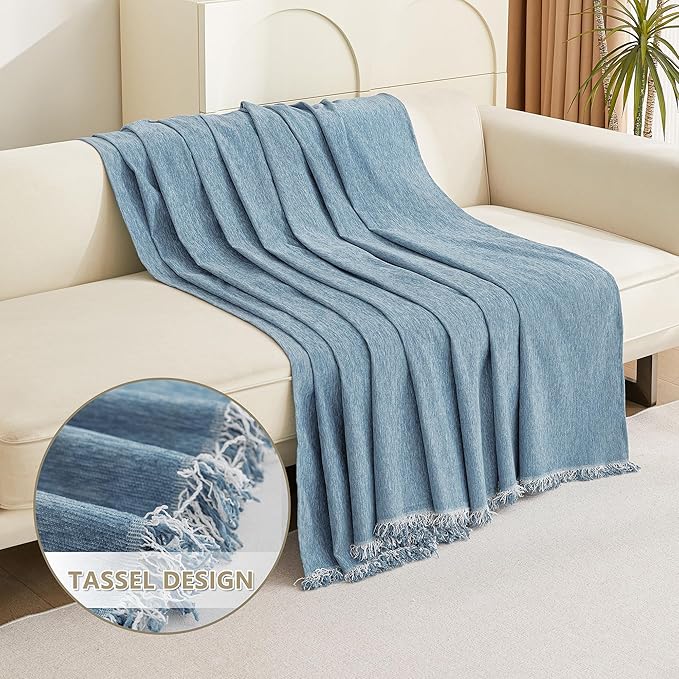 MYSKY HOME Chenille Couch Cover, Sofa Slipcover for 2-3 Cushion Sectional Couch, Machine Washable Soft Furniture Protector with Tassels, Futon Sofa Covers, Throw for Dogs, Kids 71" x 150", Blue