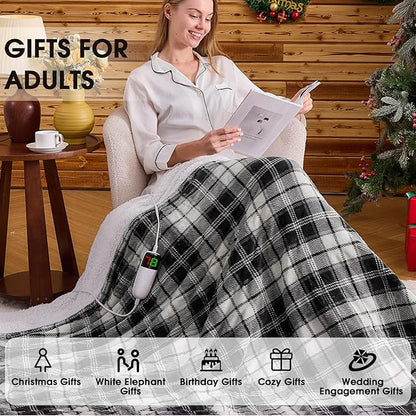 OCTROT Heated Electric Blanket Queen Size, 84X90 Heating Blanket Queen with Dual Control&10 Heats Levels&Timer for Bed,Black Plaid Sherpa Large Blankets Warmer Gift for Grandma Women Adults, Washable