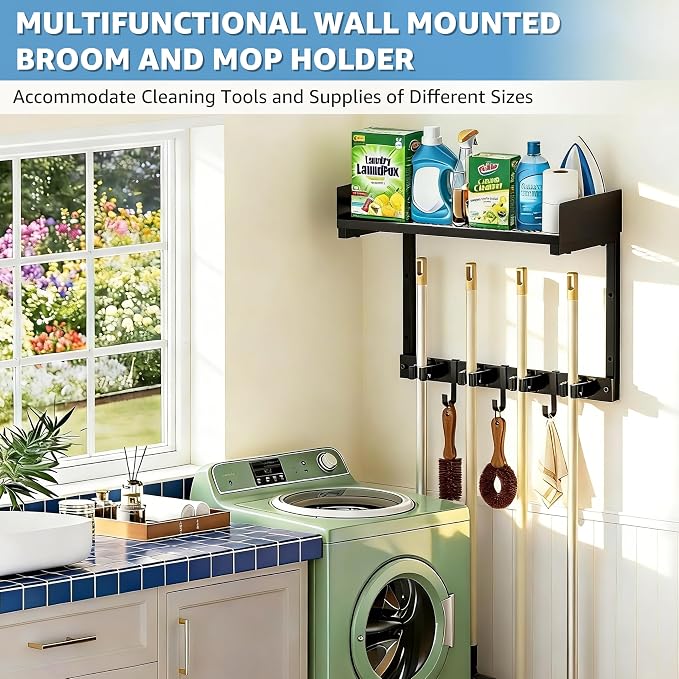 Broom Holder Wall Mount, Heavy Duty Iron Utility Rack - Image 2