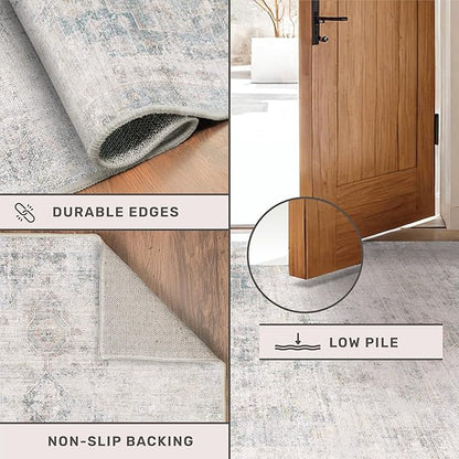 Blue Farmhouse Area Rug for Bedroom - 7x9 Washable Rug for Dining Room Table, Ultra-Thin Soft Textured Boho Abstract Blue and Gray Indoor Decor, Fade & Stain Resistant