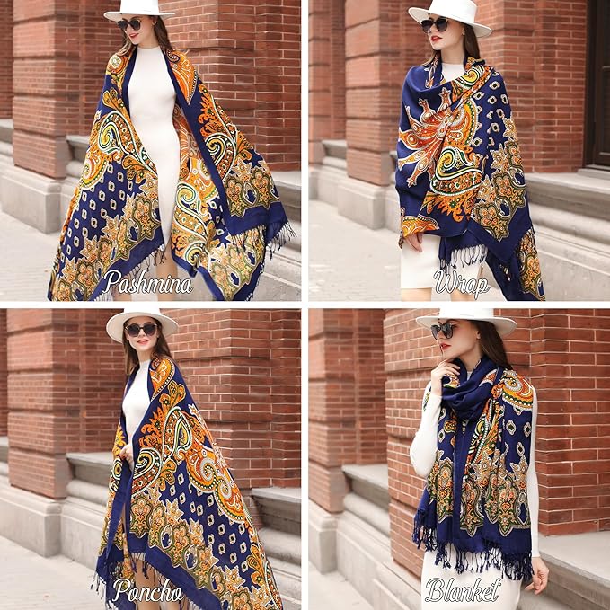 DANA XU 100% Merino Wool Pashmina Shawl for Women 96"x43", Oversized Cashmere Wrap with Tassels, Floral Travel Blanket Cape