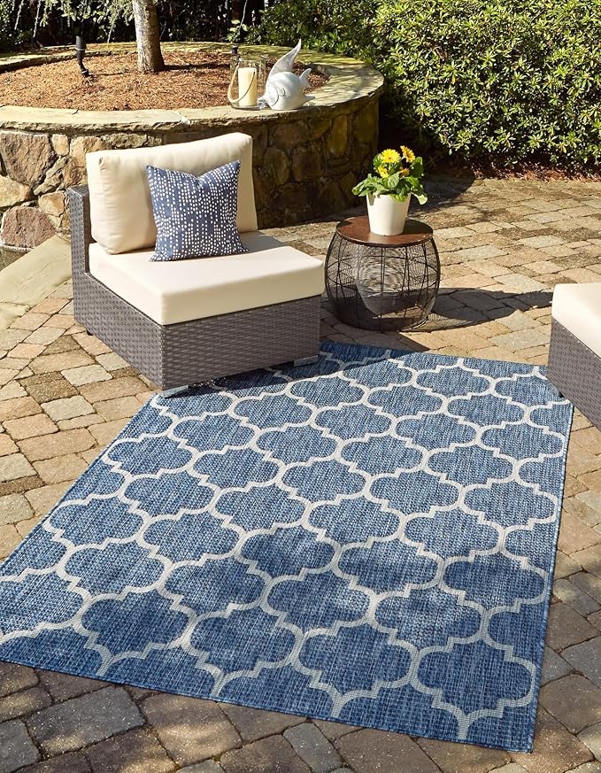 Unique Loom Outdoor Trellis Collection Area Rug (10' x 14' 1" Rectangle, Navy Blue/ Ivory)