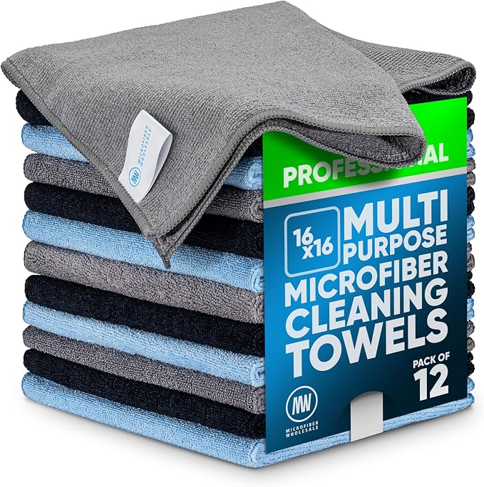 MW Pro Microfiber Cleaning Cloth | Black Gray Blue | 12 Pack | 16” x 16” | All by MicrofiberWholesale