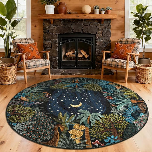 GarveeHome Round Area Rugs 8ft for Living Room, Large Green Jungle Washable by GarveeHome
