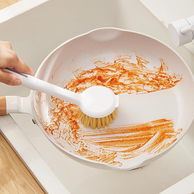 Kitchen Cleaning Brush, Pot Dish Brush Pots Comfortable Long Built-in Scraper - Image 3
