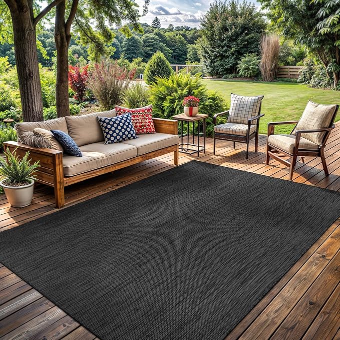 Washable Indoor Outdoor Rug 10x14 Weather Resistant Area Rugs Modern Solid for Porch Deck Balcony Backyard Patio Outside Carpet (10 X 14 Dark Grey)