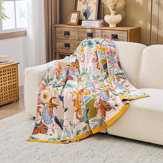 Farmhouse Throw Blanket, 80"x 90" Boho Throw Blankets for Couch Cover, 100% Cotton Bohemian Vintage Quilt for All Seasons Reversible Florals Lightweight Picnic Blankets Home Decoration