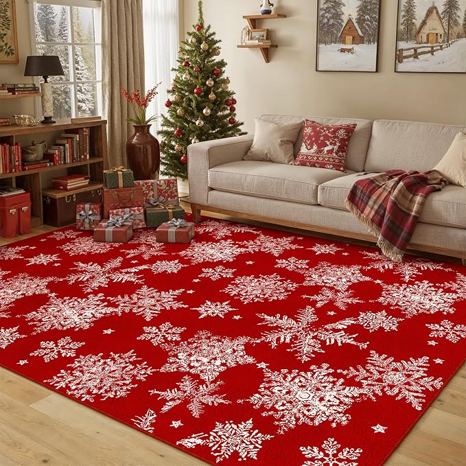 Red Area Rug 5x7 Christmas Living Room Carpet Snowflake Washable Kitchen Mat - Image 4