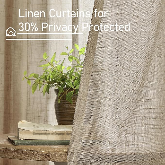 LAMIT Short Linen Curtains 30 Inch Length for Cafe, Semi Sheer Light Filtering Panels Back Tab and Rod Pocket Country Decor Drapes for Basement/Small Window, Taupe, 2 Panels, 34 x 30 Inch