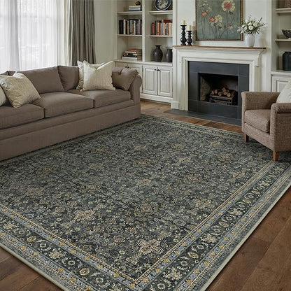 8x10 Area Rug for Living Room Black Vintage Washable Bedroom Carpet Traditional Distressed Soft Non Slip Indoor Large Accent Rug Retro Thin Low Pile Floor Cover for Dining Room Playroom