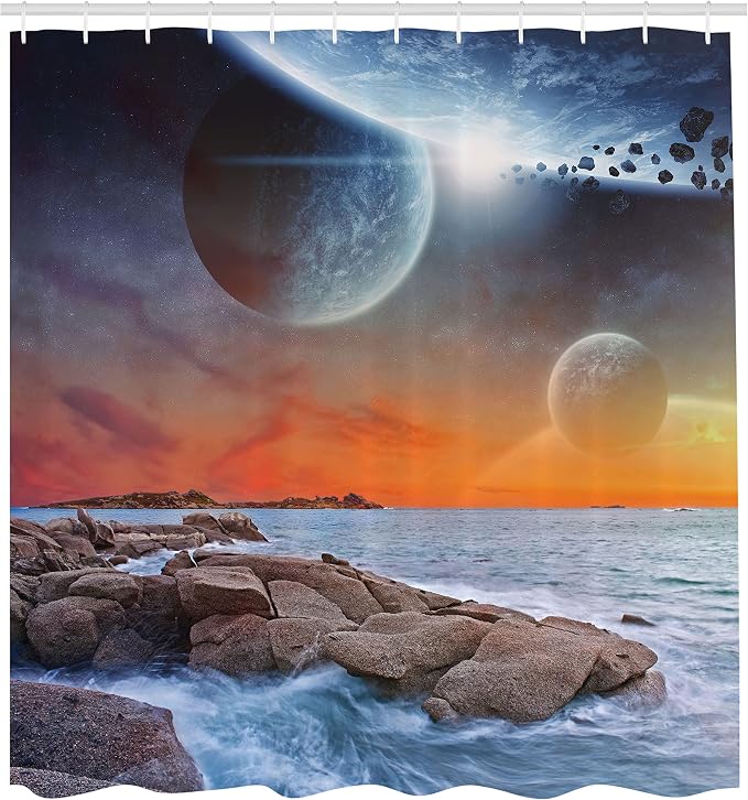 Ambesonne Galaxy Shower Curtain, Planet Landscape View from a Rocky Beach Ocean - Image 2