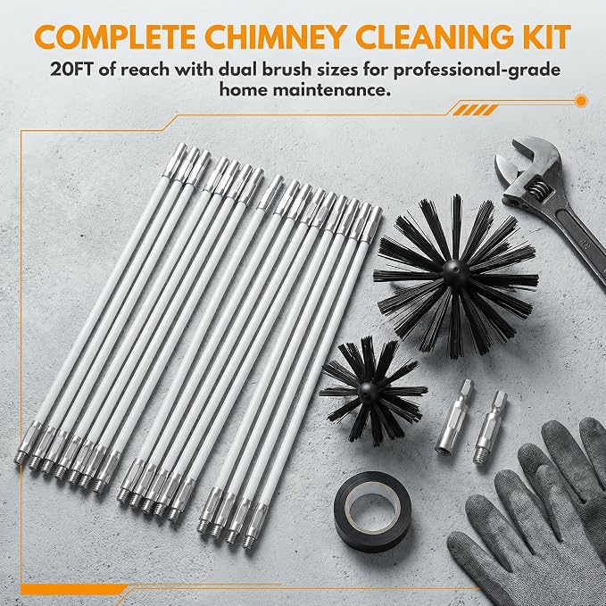 20feet Chimney Sweep Kit with 15 Flexible Rods, Dual Brush Heads - Image 8