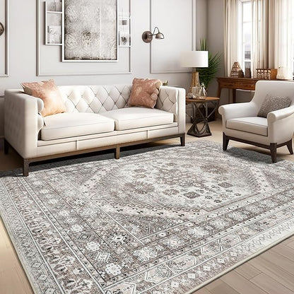 zesthome 9x12 Area Rugs,Stain Resistant Washable Rug,Ultra-Thin Rugs for Living Room,Bedroom,Non-Slip Backing Home Decor Large Area Rug (Brown/Beige,9'x12')