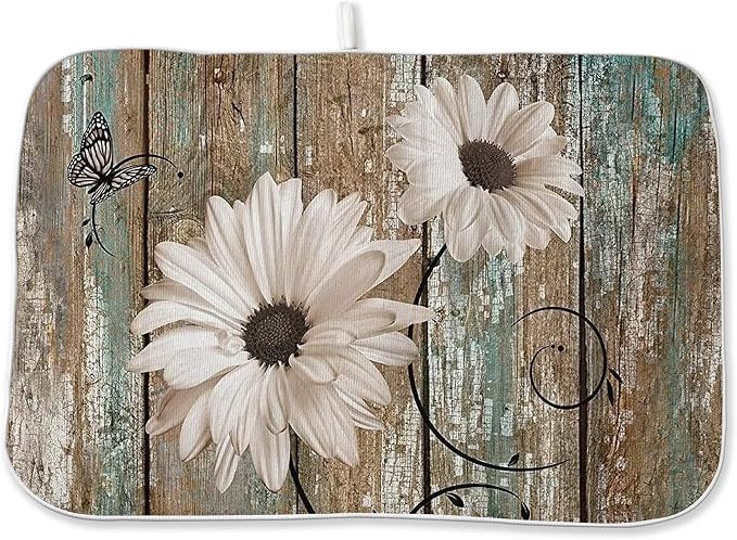 Rustic Daisy Dish Drying Mats 18x24 Inch Vintage Sunflowers on Wooden Board by GOLIANDA