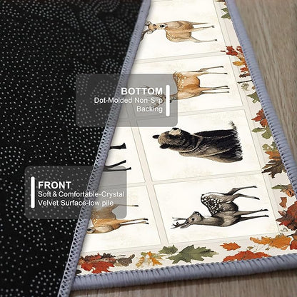 Beige Checkered Maple Bear Elk Hallway Rug 2x8ft Bohemian Vintage Floor Mat for Nursery Farmhouse, Foldable Anti-Fatigue Rug with Crushed Leaf Pattern