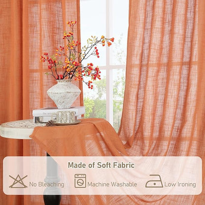 LAMIT 95 Inches Long Linen Curtains for Living Room, Back Tab and Rod Pocket Semi Sheer Curtains Light Filtering Farmhouse Drapes for Bedroom/Dining Room, Burnt Orange, Set of 2, 52 x 95 Inch