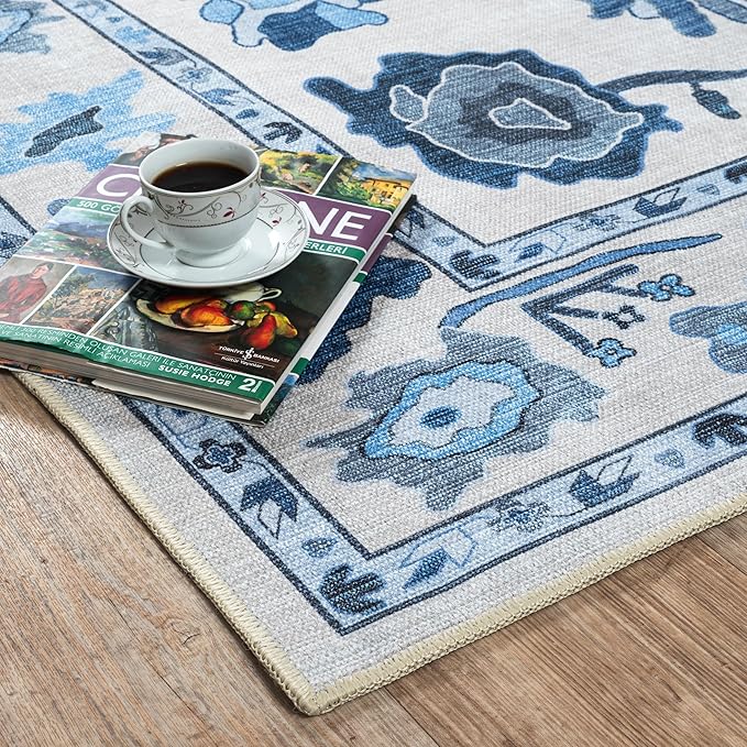 Fame Living Navy Blue Oushak Rug, Modern, Vintage, Turkish, Eclectic, Floral, Pastel, Washable, Area Rugs for Living Room, Dining, Bedroom, Nursery, Girls, Boys, 5'9"x8'9"