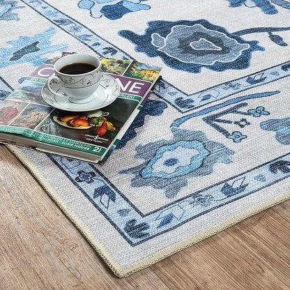 Fame Living Navy Blue Oushak Rug, Modern, Vintage, Turkish, Eclectic, Floral, Pastel, Washable, Area Rugs for Living Room, Dining, Bedroom, Nursery, Girls, Boys, 5'9"x8'9"
