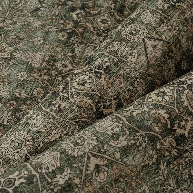 8x10 Area Rug for Living Room Green Brown Vintage Washable Bedroom Carpet Traditional Distressed Soft Non Slip Indoor Large Accent Rug Retro Thin Low Pile Floor Cover for Dining Room Playroom