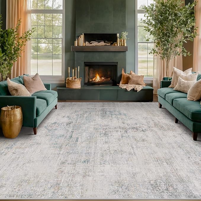 Washable Abstract Modern Area Rug 9x12 for Living Room, Bedroom, Dining Room, Home Office, Low Pile Non Slip Ultra Soft Stain Resistant, Distressed Medallion Decor, Light Blue