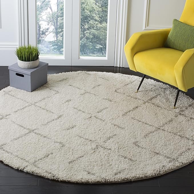 SAFAVIEH Arizona Shag Collection 5'1" Round Ivory/Beige ASG743A Moroccan Diamond Non-Shedding Living Room Bedroom Dining Room Entryway Plush 1.6-inch Thick Area Rug