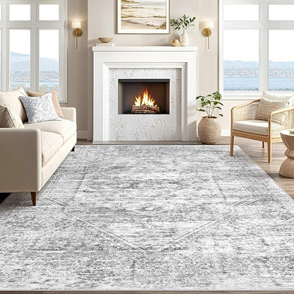 Vintage Living Room Area Rug 6x9 - Large Soft Washable Oriental Traditional Distressed Farmhouse Rugs for Bedroom - Indoor Floor Accent Carpet for Home Office House Decor - Distressed Grey