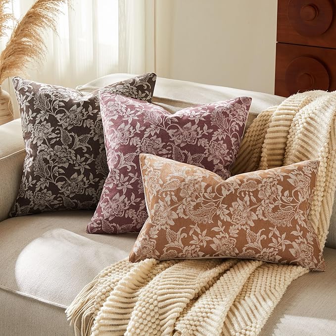 Floral Jacquard Throw Pillow Covers Set of 2, Background/Burgundy 24x24 Inch, Farmhouse Decorative Cotton Burgundy Cushion Covers for Sofa Bed Living Room Home Decor