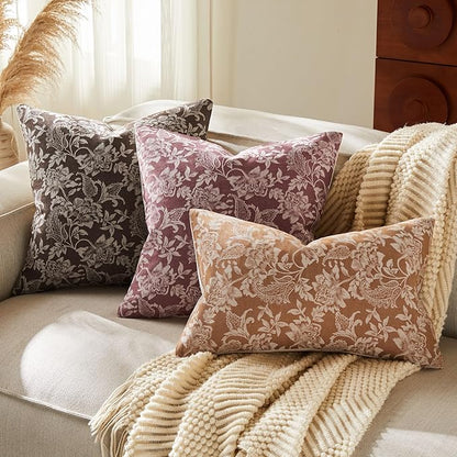 Floral Jacquard Throw Pillow Covers Set of 2, Background/Burgundy 16x16 Inch, Farmhouse Decorative Cotton Burgundy Cushion Covers for Sofa Bed Living Room Home Decor