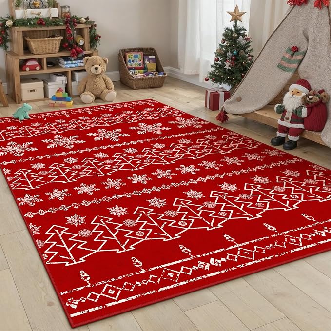 Christmas Area Rug 5x7 Red Washable Kitchen Carpet Xmas Snowflake Holiday Decor - Image 4