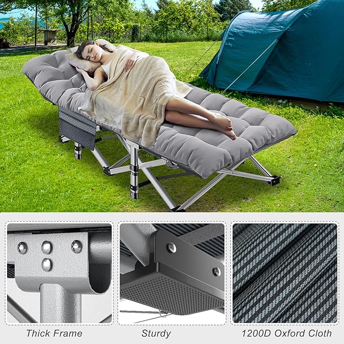 ABORON 2PK XXL Camping Cot for Adults 900LBS - 78"×32" Oversized Folding Bed with Mattress Pad, Heavy Duty 1200D Oxford Outdoor Cot with Carry Bag
