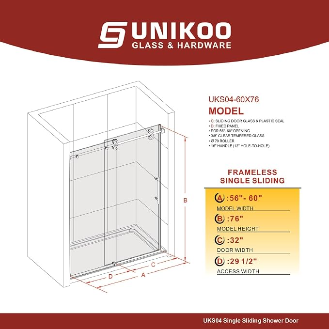 56-60 Inch x 76 Inch Sliding Frameless Shower Door, 3/8" Tempered Glass - Image 2