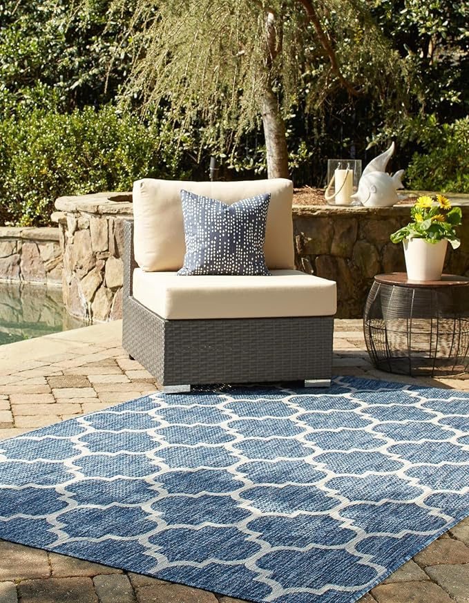 Unique Loom Outdoor Trellis Collection Area Rug (10' x 14' 1" Rectangle, Navy Blue/ Ivory)