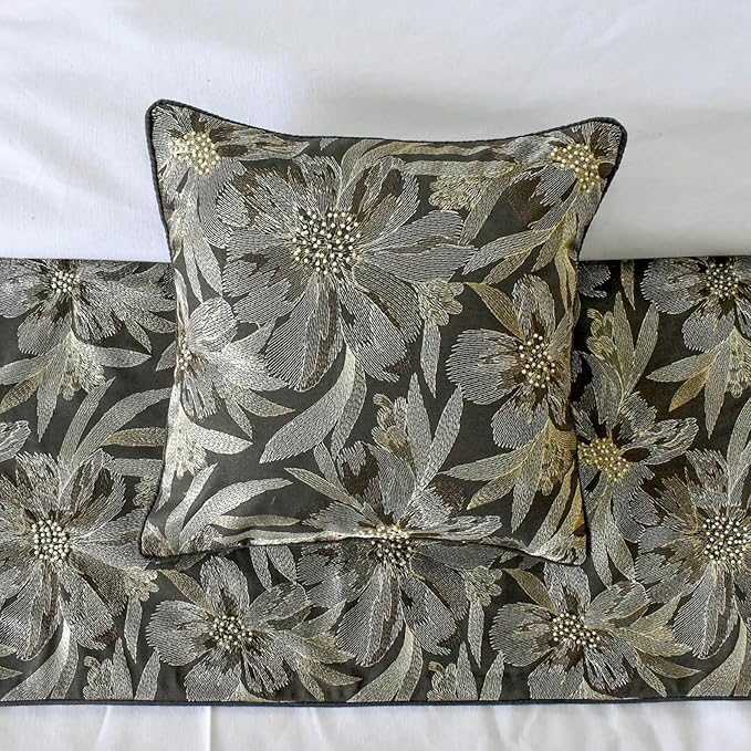 The HomeCentric King/Queen/Twin Grey Decorative Bed Runner Full 68"x18" Bed Runner Without Pillow Cover, Embroidery, Floral, Pearl Bed Scarf on Jacquard Fabric - Liana